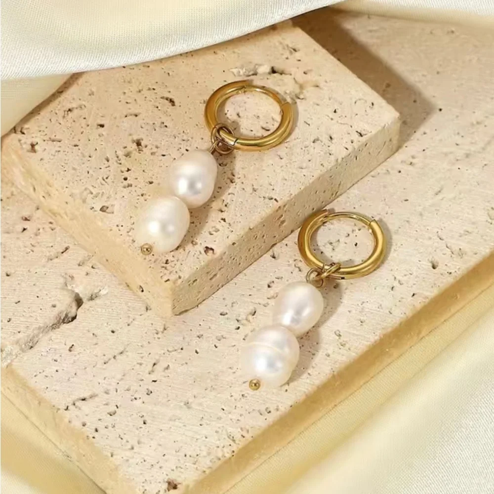 Gold and Pearl huggie drop earrings ✨ - Picture 3 of 3